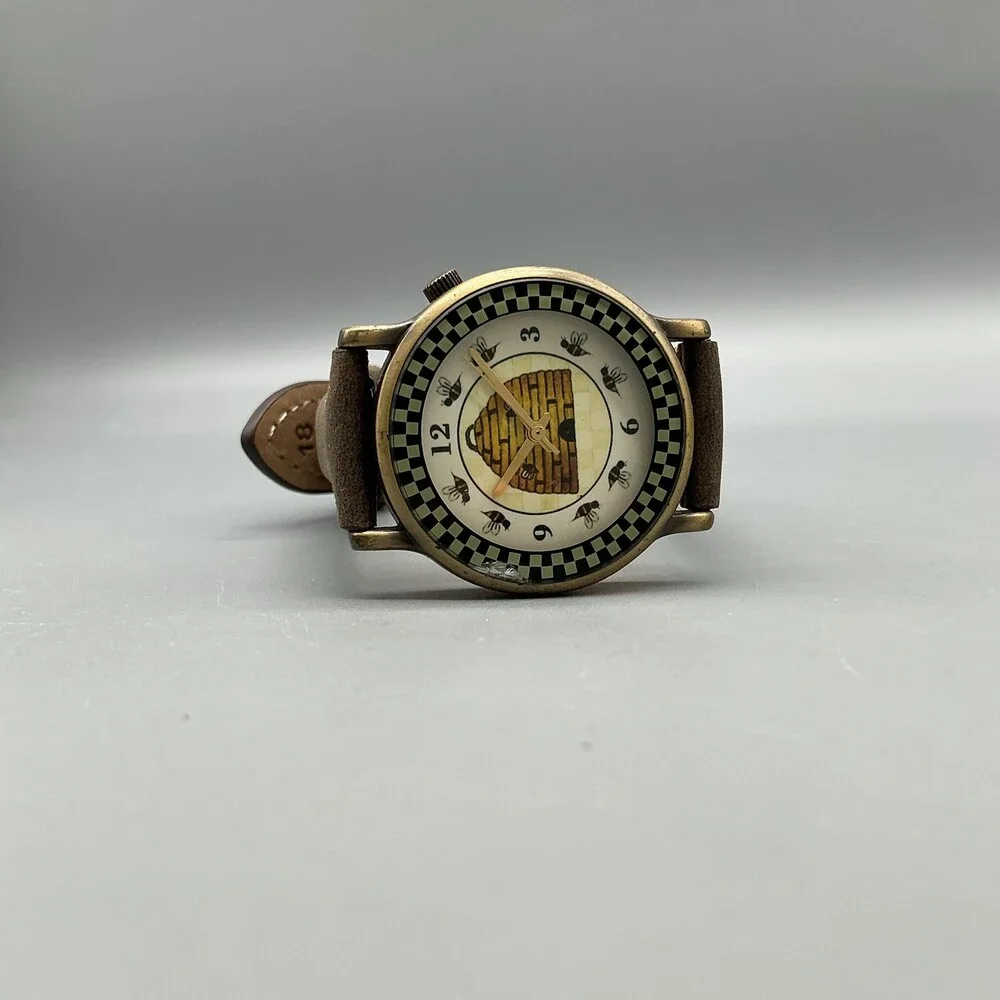 Womens Watch 33mm Beehive Bees Dial Gold Tone Brown Leather New Battery